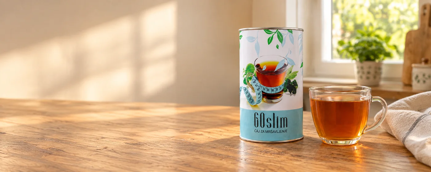GoSlim limenka uz staklenu šolju biljnog čaja na kuhinjskom stolu